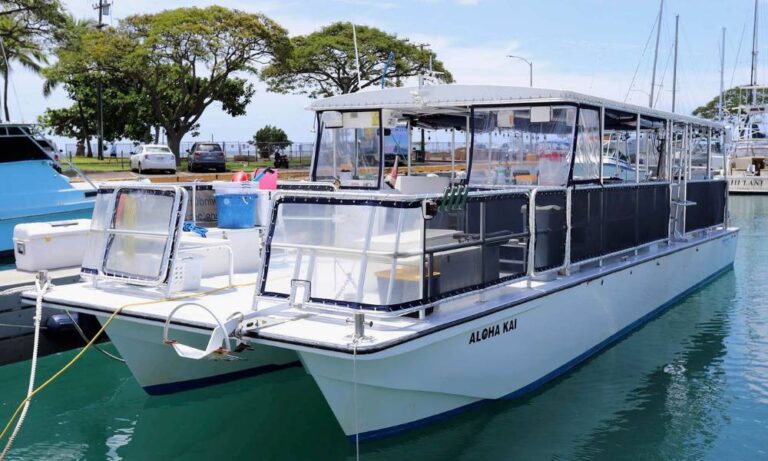 Front view of the catamaran "Aloha Kai," available for rent, docked at a marina near Waikiki. The boat features a spacious, covered seating area with clear panels, designed for comfort and protection from the elements. The scene is framed by calm marina waters, nearby trees, and other docked boats.